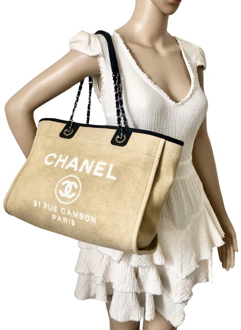 Chanel Deauville Large Shopping Beige Canvas Leather Tote