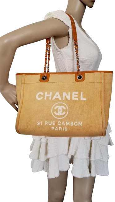 Chanel Deauville Large Shopping Orange Canvas Leather Tote