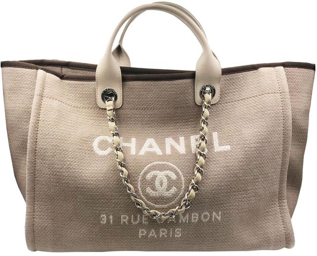 Chanel Deauville Bag Light Brown Cloth Leather Tote
