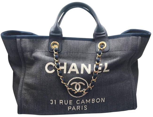 Chanel Deauville Bag Navy Denim Leather Tote