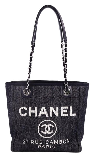 Chanel Deauville North South Chain Small Black Denim Tote