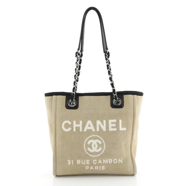 Chanel Deauville North South Small Neutral Canvas Plain Tote