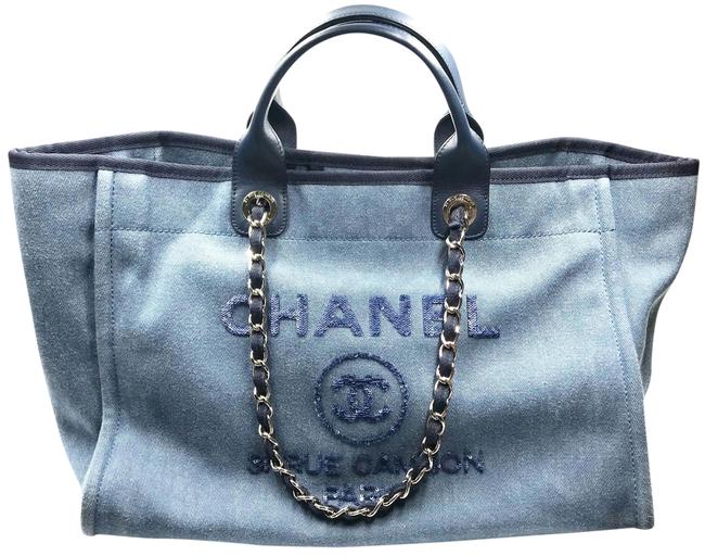 Chanel Deauville Bag Sequin Large Blue Cloth Leather Tote