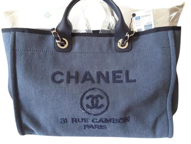 Chanel Deauville Bag Siquense Logo Silver Hrdw Navy Canvas Tote