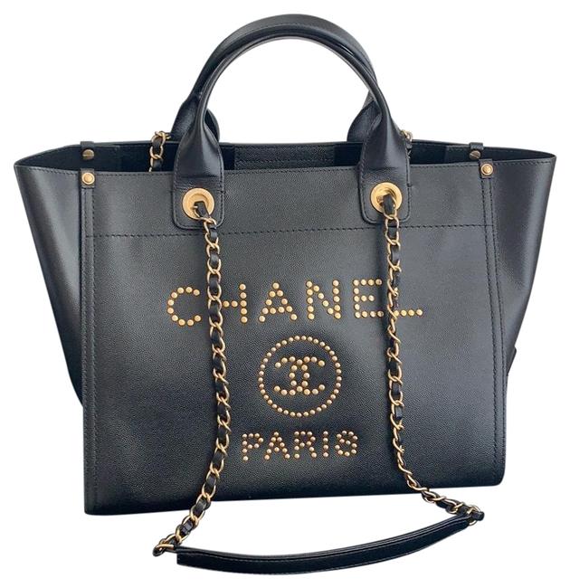 Chanel Deauville Small Black Antique Gold Leather Tote