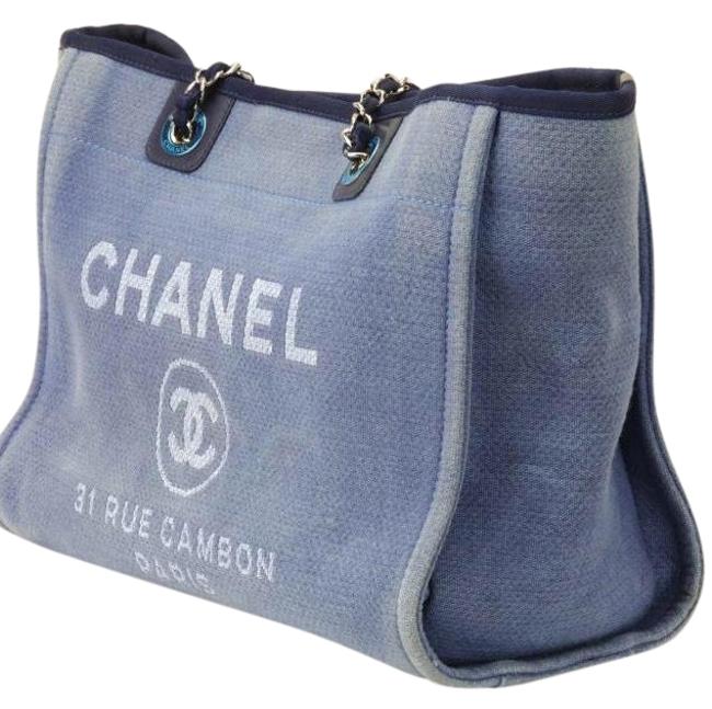Chanel Deauville Small Navy Chambray Blue Jacquard Tote
