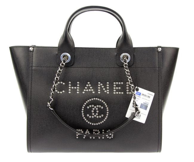 Chanel Deauville Small Studded Caviar Black Leather Tote