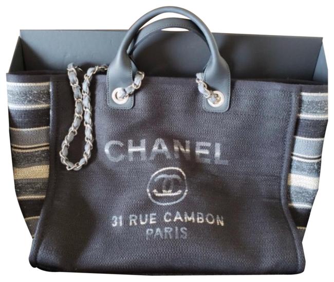 Chanel Deauville Stripe Large Black Fabric Tote