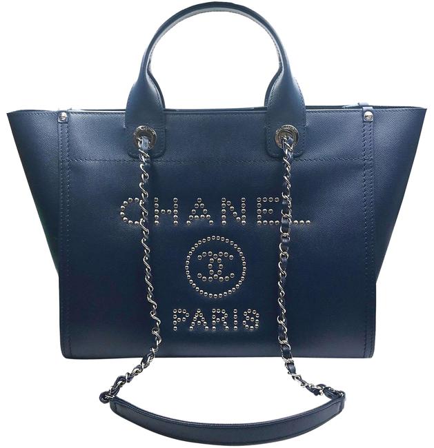 Chanel Deauville Bag Stud Caviar Navy Silver Denim Tote