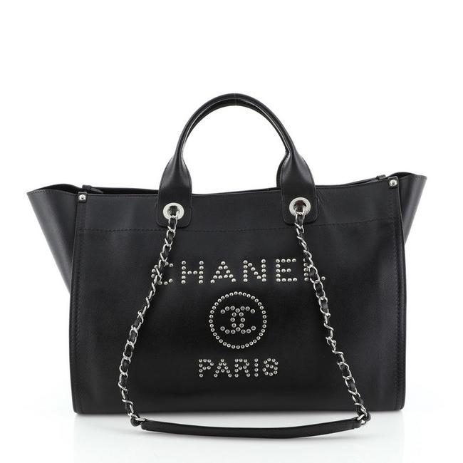 Chanel Deauville Studded Caviar Medium Black Leather Tote