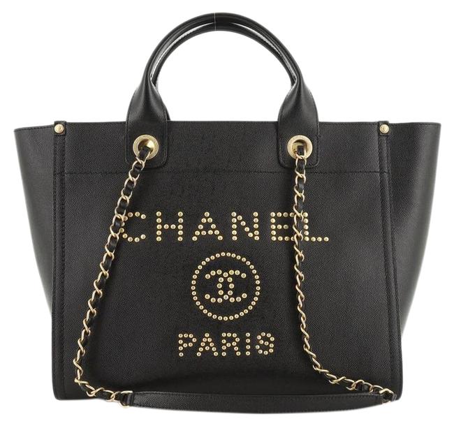 Chanel Deauville Studded Caviar Small Black Leather Tote