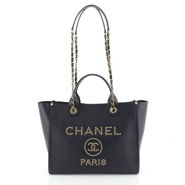 Chanel Deauville Studded Caviar Small Blue Leather Tote