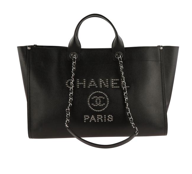 Chanel Deauville Studded Large Shopper Black Leather Tote