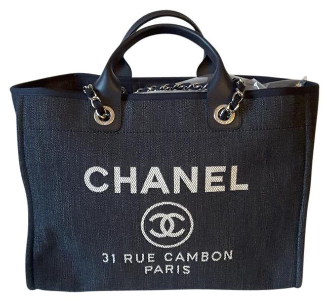 Chanel Deauville Bag White Logo Silver Hrdw Navy Canvas Tote
