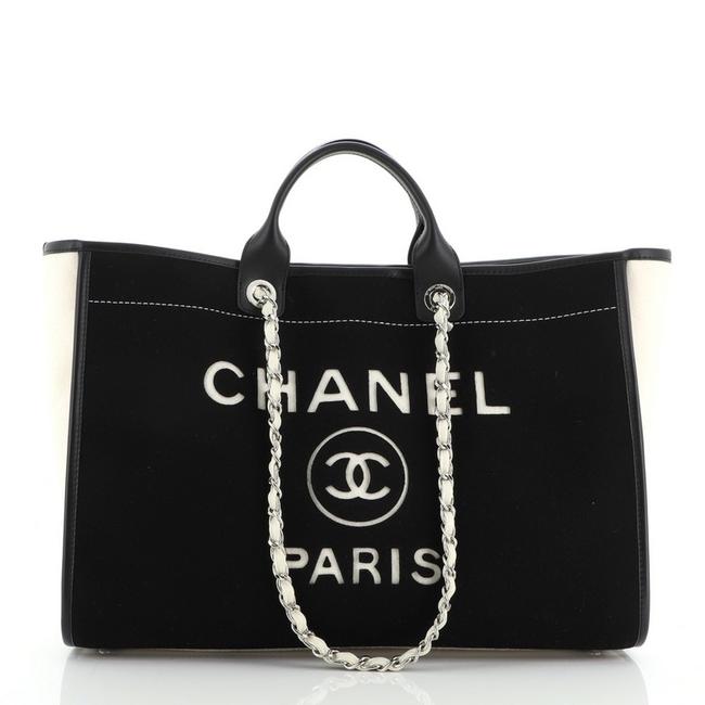 Chanel Deauville Wool Large Black White Felt Tote