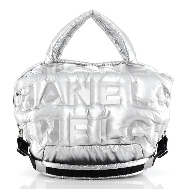 Chanel Doudoune Embossed Large Silver Nylon Tote