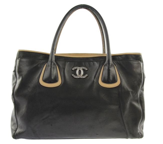 Chanel East West Large Black and Beige Lambskin Leather Tote