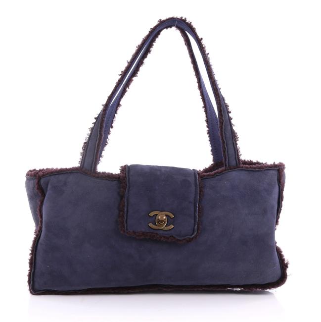 Chanel East West Vintage Blue and Purple Suede Shearling Tote