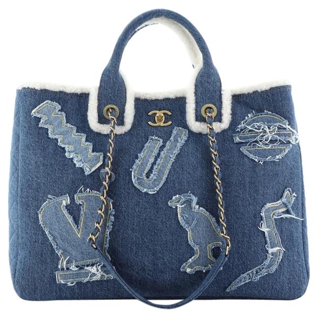 Chanel Egyptian Hieroglyph Blue Denim and Shearling Tote