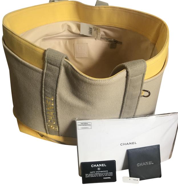 Chanel Embossed Label And NeutralYellow Canvas Tote