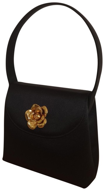 Chanel Bag Evening Gold Camellia Purse Vintage Black Satin Tote