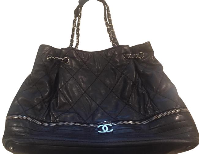 Chanel Expandable Draw String Black Leather Tote