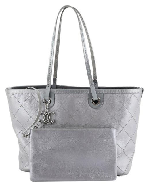 Chanel Fever Quilted Caviar Small Gray Leather Tote