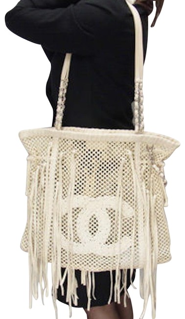 Chanel Fringe Crochet In Off Beige Leather Tote