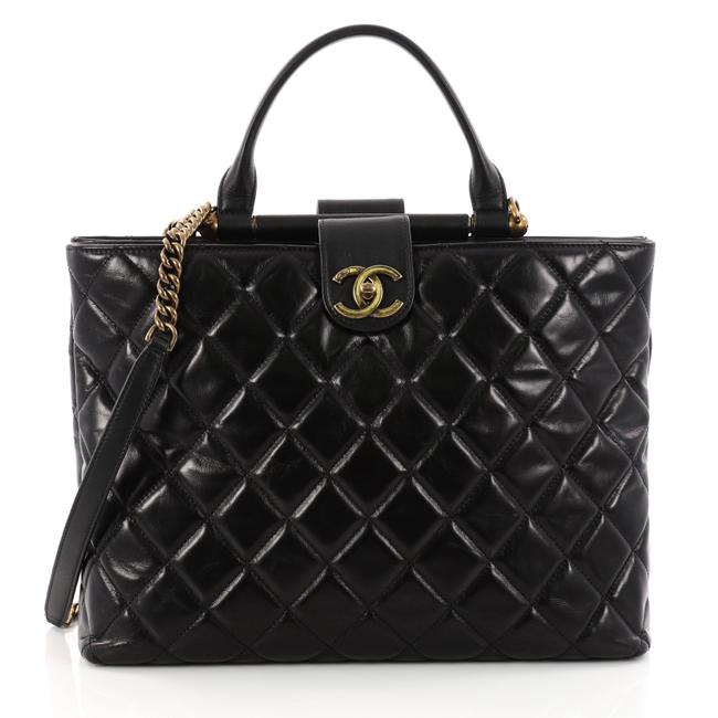 Chanel Gold Quilted Aged Black Calfskin Leather Tote