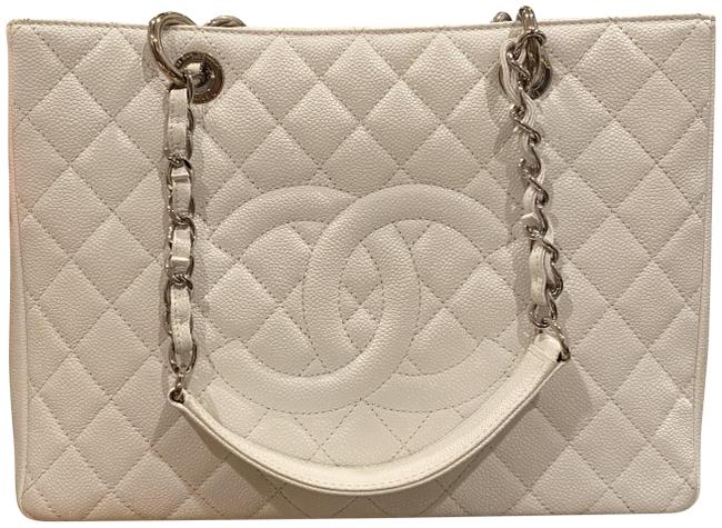 Chanel Grand Shopper Gst Silver Chain Strap White Caviar Leather Tote