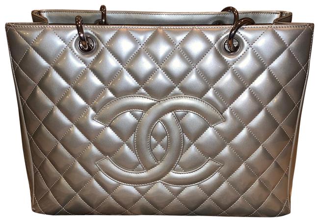 Chanel Gst Silver Patent Leather Tote