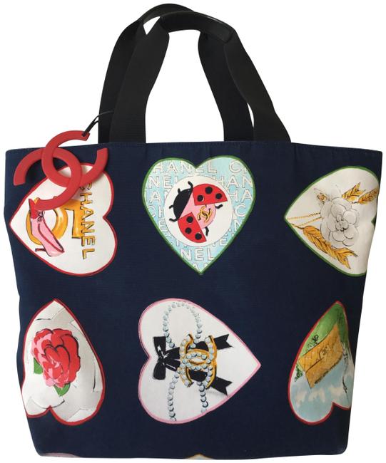 Chanel Bag Iconic Symbols Hearts Blue Canvas Tote