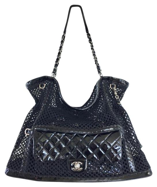 Chanel La Madrague Mesh Chain Black Patent Leather Tote