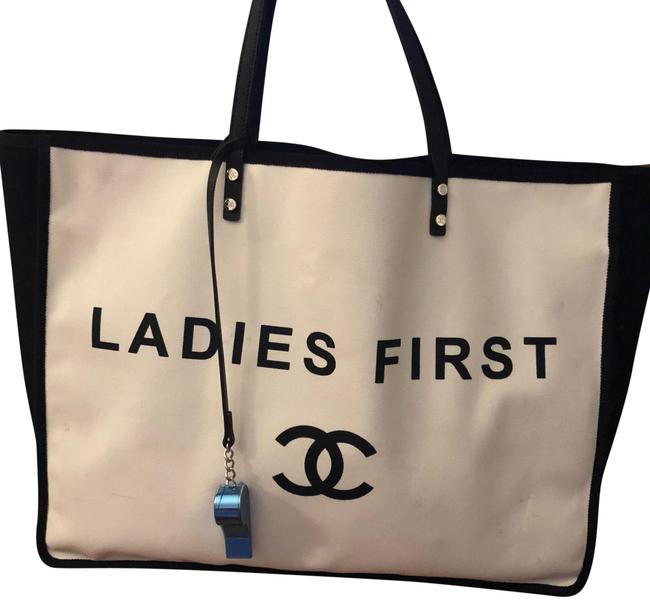 Chanel Ladies First Large Off White and Black Coated Canvas Tote