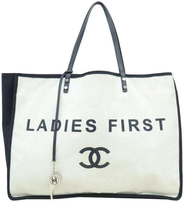 Chanel Ladies First White and Black Canvas Tote