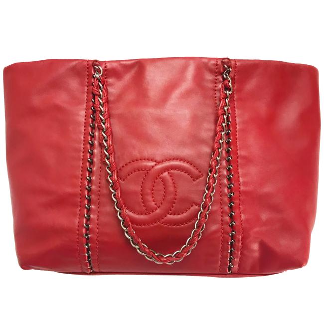Chanel Large Chain Red Leather Tote