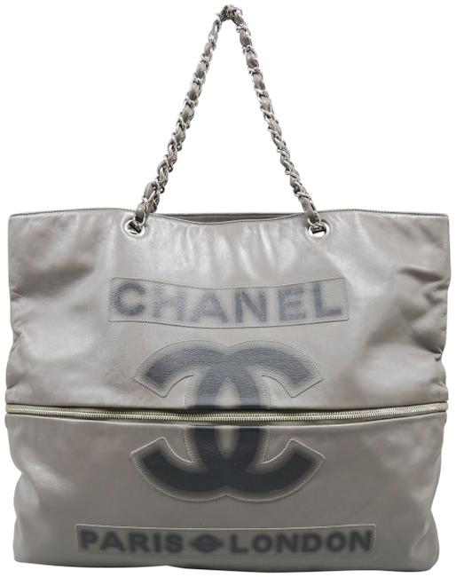 Chanel Large Paris London Charcoal Calfskin Leather Tote