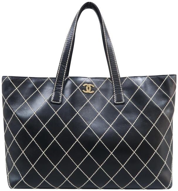 Chanel Large Surpique Black Calfskin Leather Tote