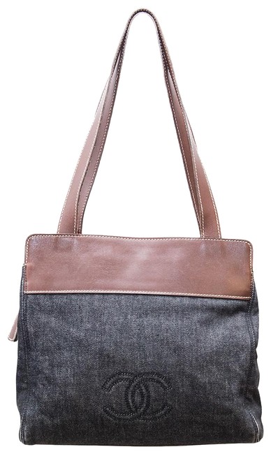 Chanel Leather Coco Mark Charcoal Denim Tote
