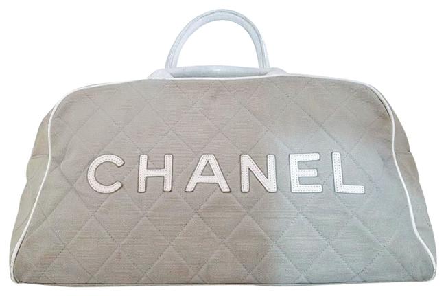 Chanel Leather Handbag Light GrayWhite Canvas Tote