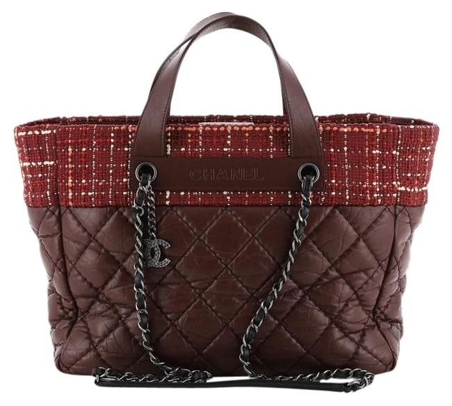 Chanel Logo Chain Quilted Aged Calfskin and Tweed Medium Red Leather Tote