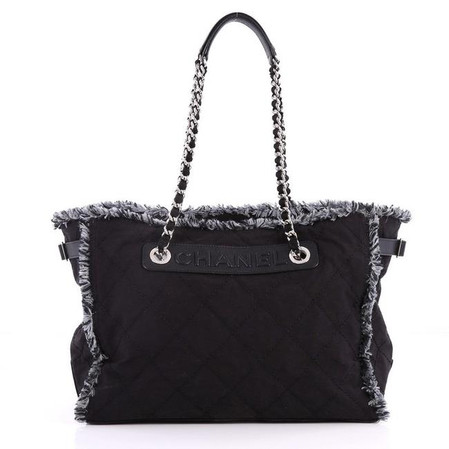 Chanel Logo Chain Quilted Medium Black Nylon Tote