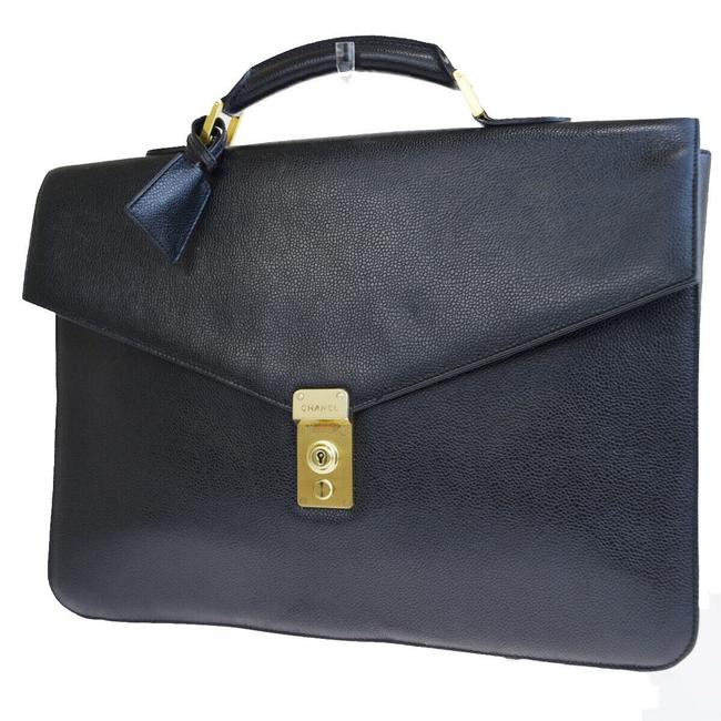 Chanel Logo Mens Briefcase Hand Black Caviar Skin Leather Tote