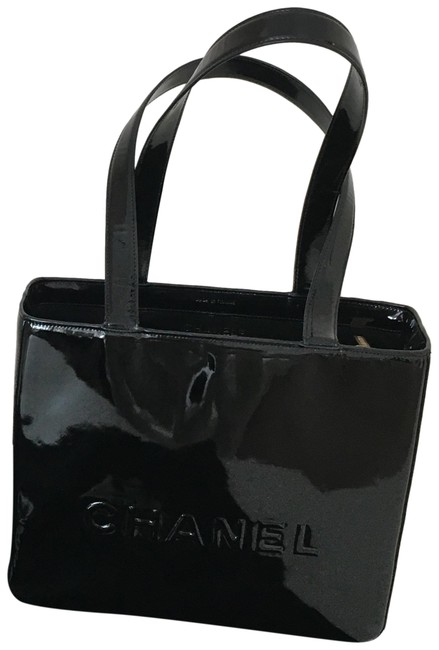 Chanel Logo Patent Black Leather Tote