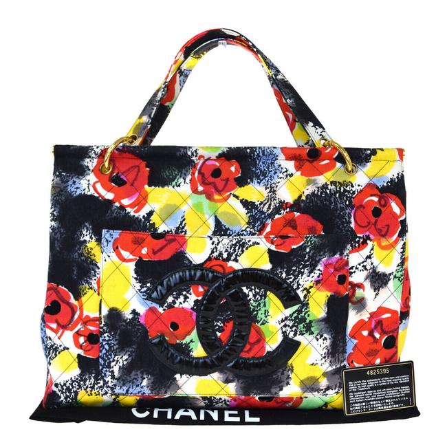 Chanel Logo Quilted Red Canvas Leather Tote