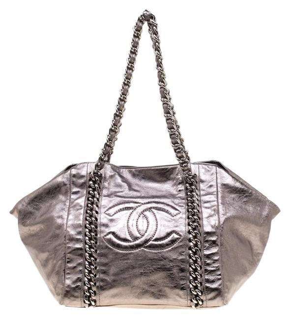 Chanel Luxe Ligne Grey Patent Leather Tote