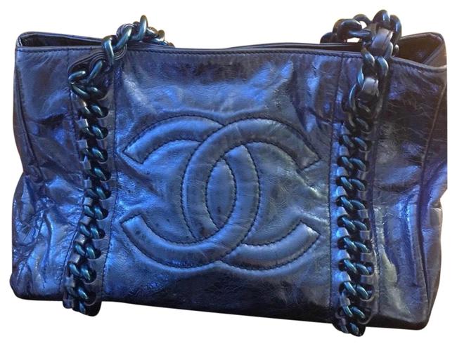 Chanel Luxury Ligne Modern Chain Metallic Blue Calfskin Leather Tote