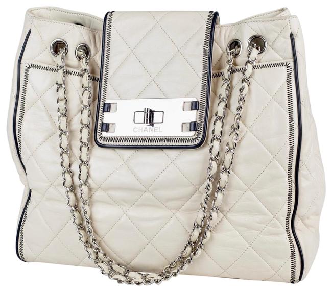 Chanel Madamoiselle Lock Compartment Quilted BoneWhiteCream Leather Tote