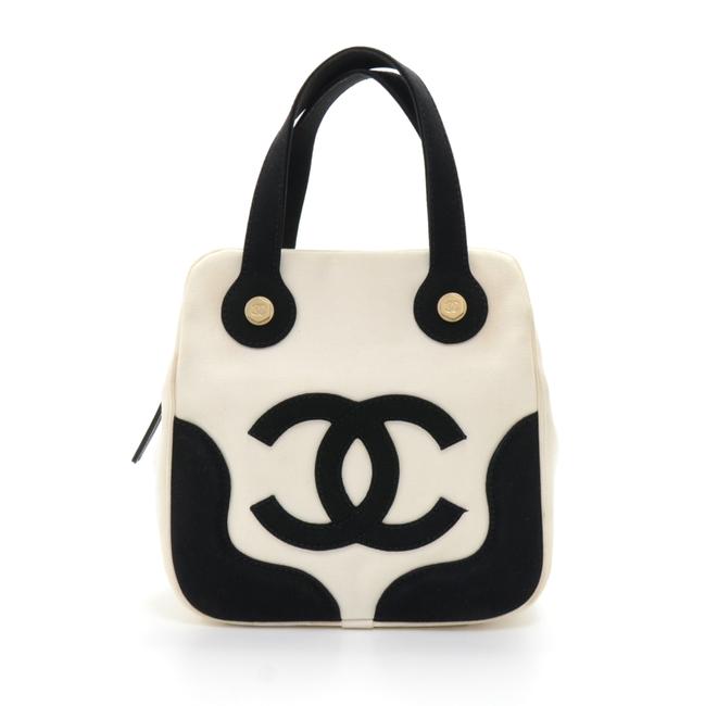 Chanel Marshmallow White Handbag Black Canvas Tote