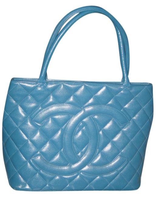 Chanel Medallian Caviar Blue Leather Tote